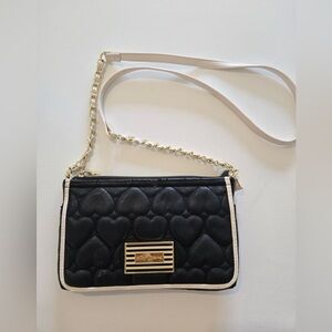 Betsey Johnson Quilted Heart Crossbody Wallet Bag Black & Cream Chain Strap